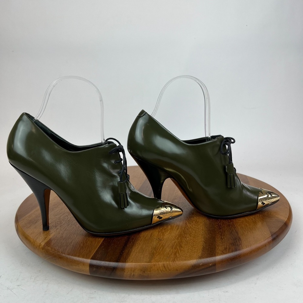Womens Celine Olive Green Patent Accent Toe Tassel Tie Heeled Booties Size EU 37